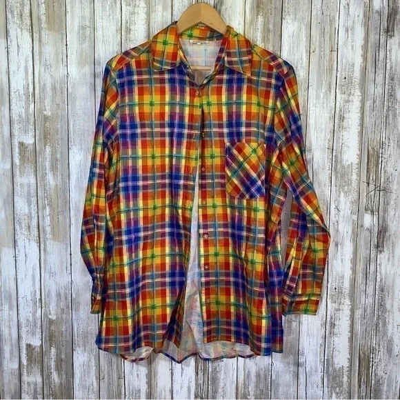 WeWoreWhat Rainbow Plaid Oversized Shirt Linen Blend Button Down XS NWOT - Picture 2 of 5